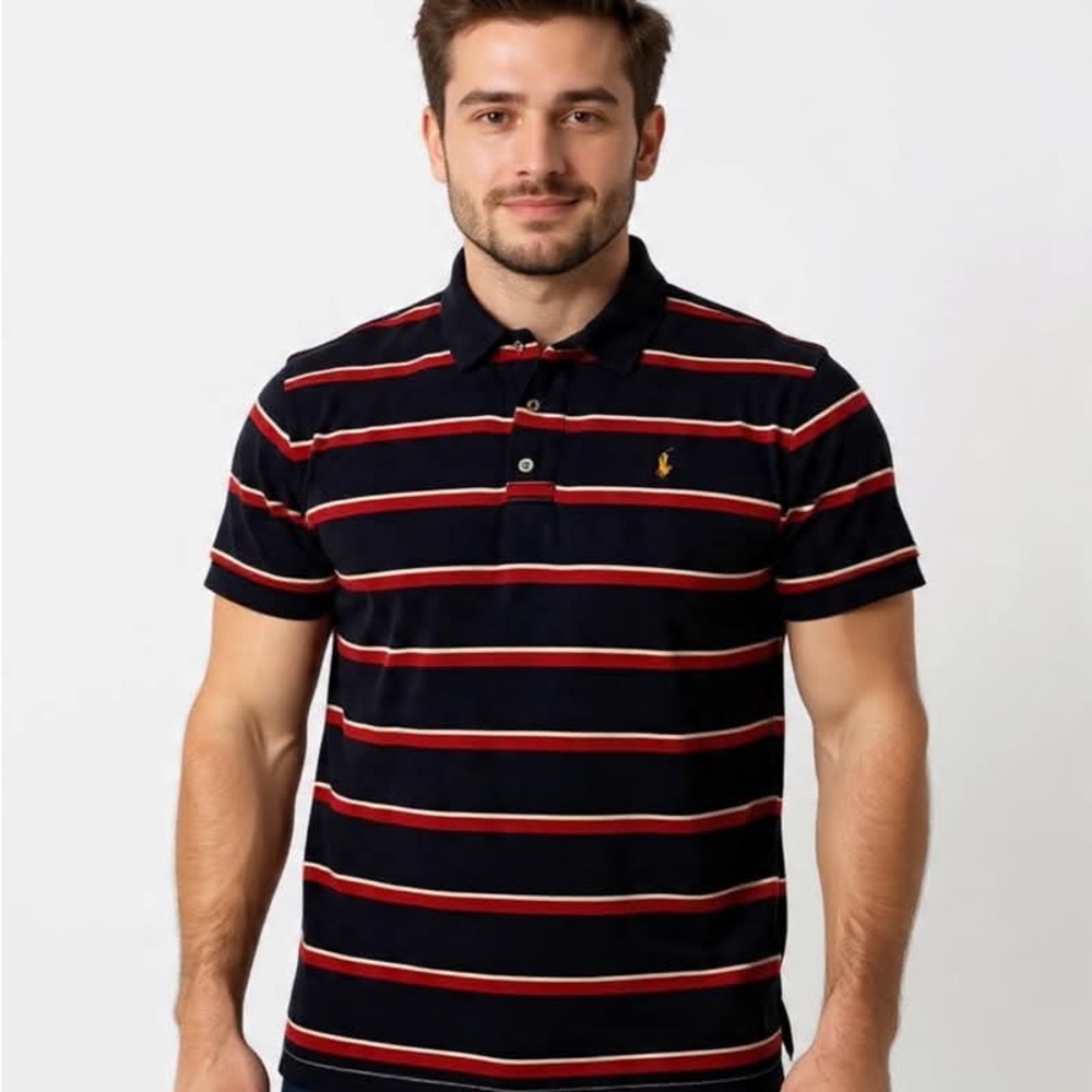 Navy blue pony stripe y2k polo by Ralph  Lauren men's L